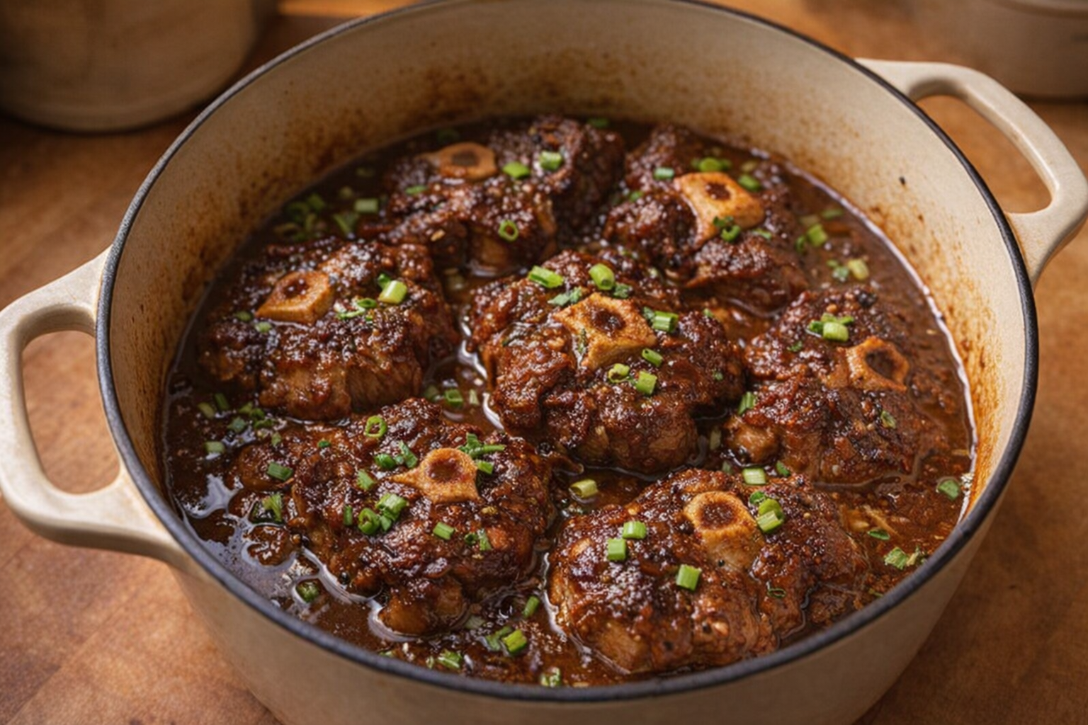A top-down view of braised oxtails in a dutch oven, garnished with green onions, the rich dark brown sauce glistening, warm ambient kitchen lighting